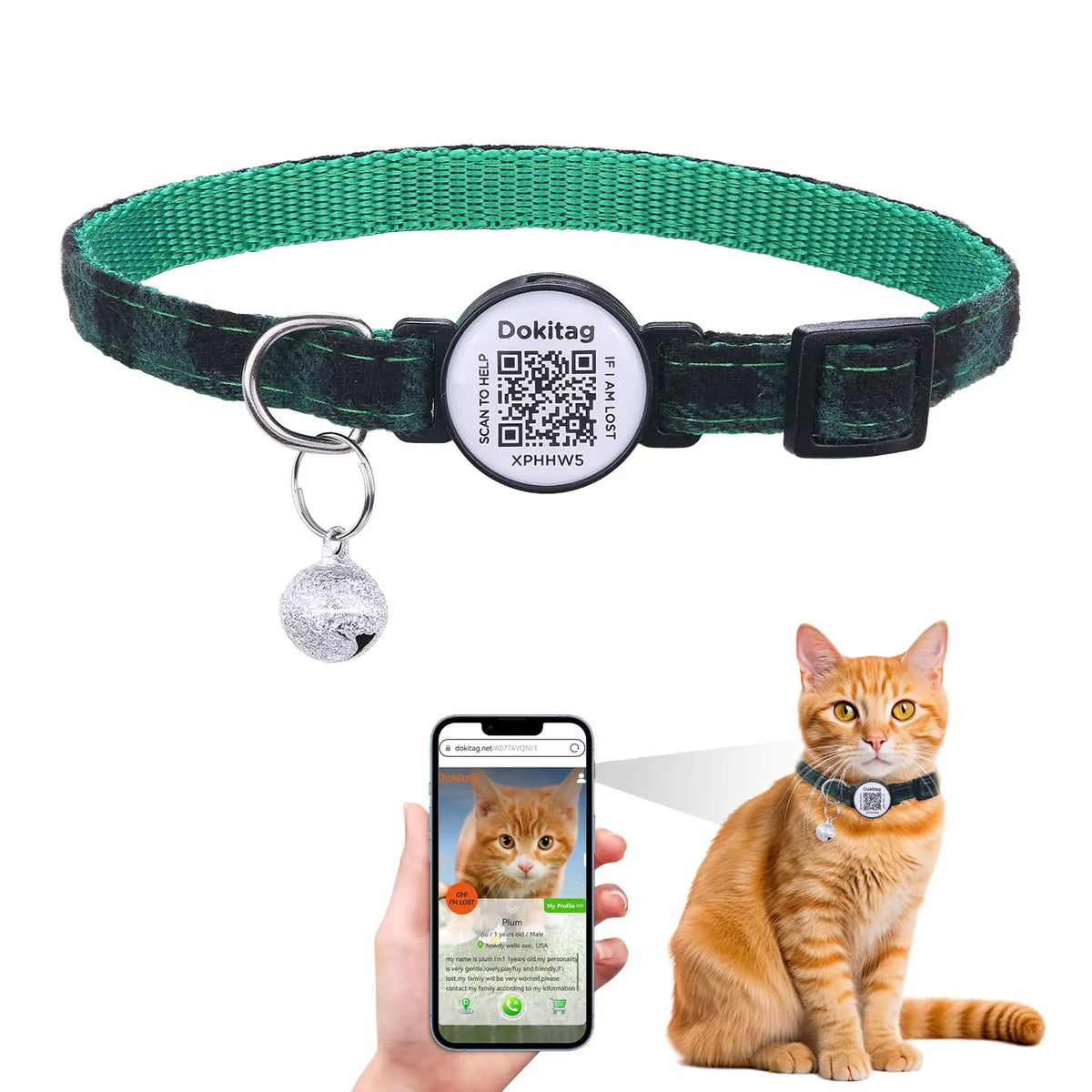 Cat Collar with Pet ID TagBreakaway Cat Collar with QR Code Tag Personalized Cat Collar Cat Collar with Bell and QRPet Online Profile-Scan QR Receive Instant Pet Location Alert Email (Green)