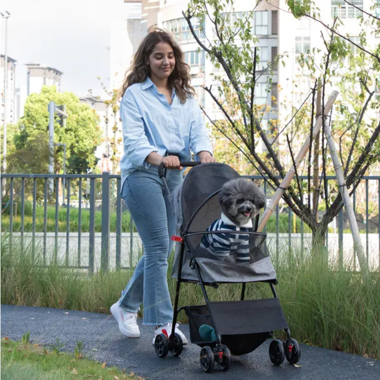 Foldable Pet Stroller, Small Dog Cat Stroller With Storage Basket For Small Puppies, Gray And Black