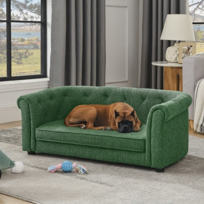 Pet Sofa With Arc-shaped Backrest And Armrests, Contemporary Rectangular Pet Sofa Crafted From Breathable Linen Cozy Soft Cushion Dog Sofa