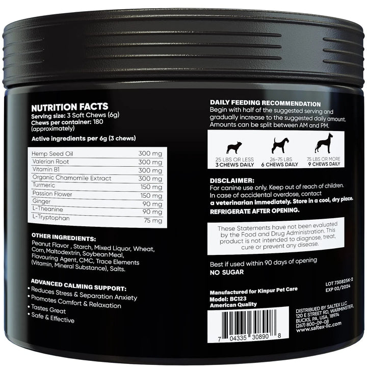 Natural Calming Chews For Dogs With Hemp Oil And Valerian Root Peanut Butter Flavor 180 Chews
