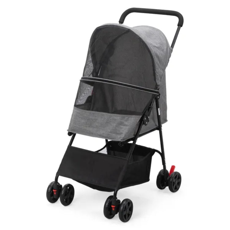 Foldable Pet Stroller, Small Dog Cat Stroller With Storage Basket For Small Puppies, Gray And Black