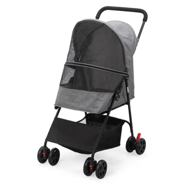 Foldable Pet Stroller, Small Dog Cat Stroller With Storage Basket For Small Puppies, Gray And Black