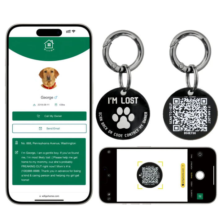 QR Code Pet ID Tags - Stainless Steel Dog Tags and Cat Tags Modifiable Online Pet Profile Scan QR Receive Instant Pet Location Alert Email Black