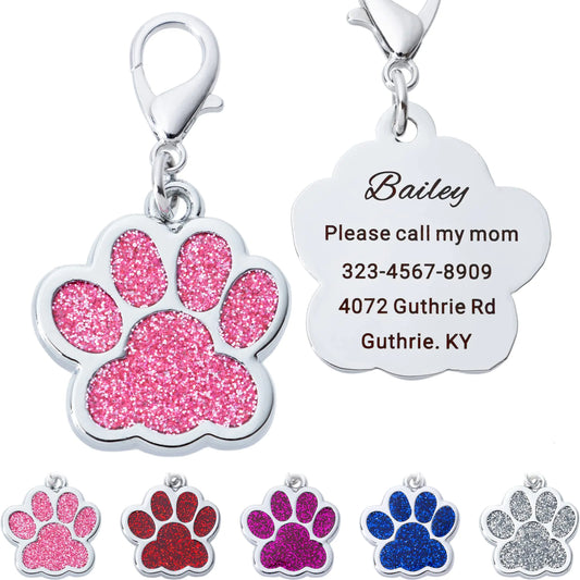 Artinst Personalized Dog Tags Up to 5 Lines of Custom Engraving for Your Pets Name and Information Shiny and Cute Metal Paw Print Pet Id Tags (Pink)